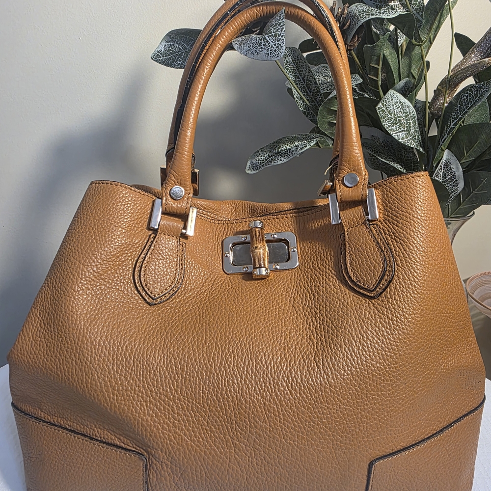 Italian Leather Tote Bag Camel Brown Bamboo Handle Made in Italy